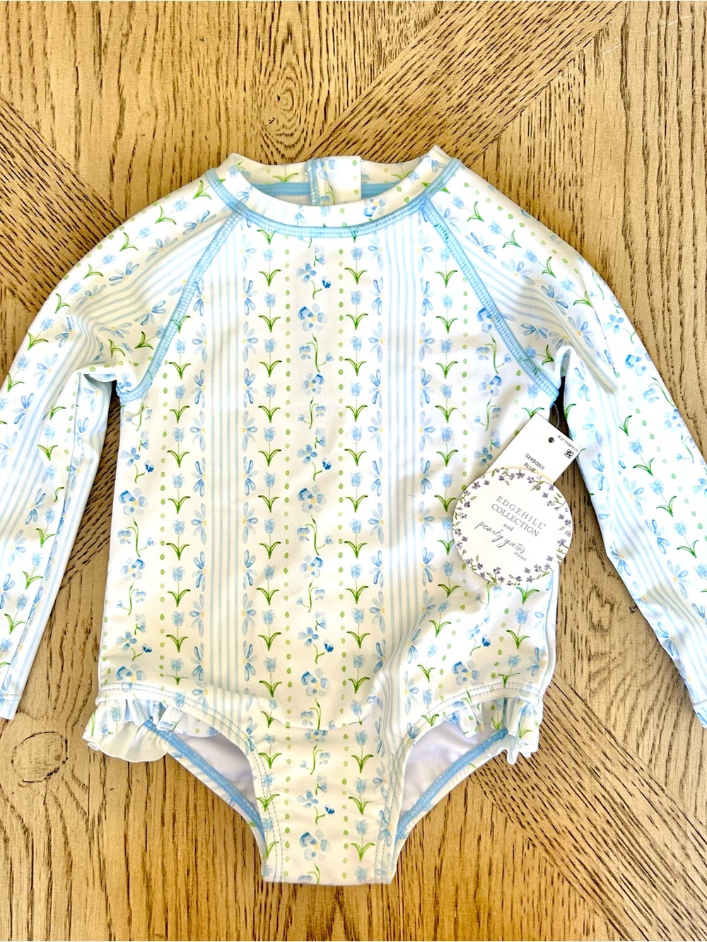 NWT Edgehill Collection Baby Girls Blue Floral Long Sleeve Swimsuit 18-24m